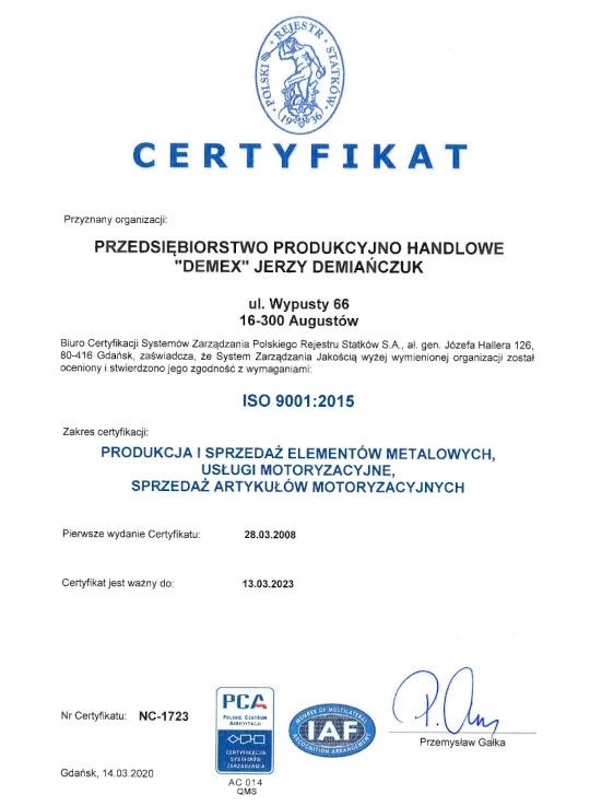 demex certyfikat ISO 2020 pl